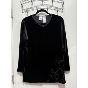 Vintage Disney Store Black Velvet Mickey Mouse V Neck Long Sleeve Top Womens S